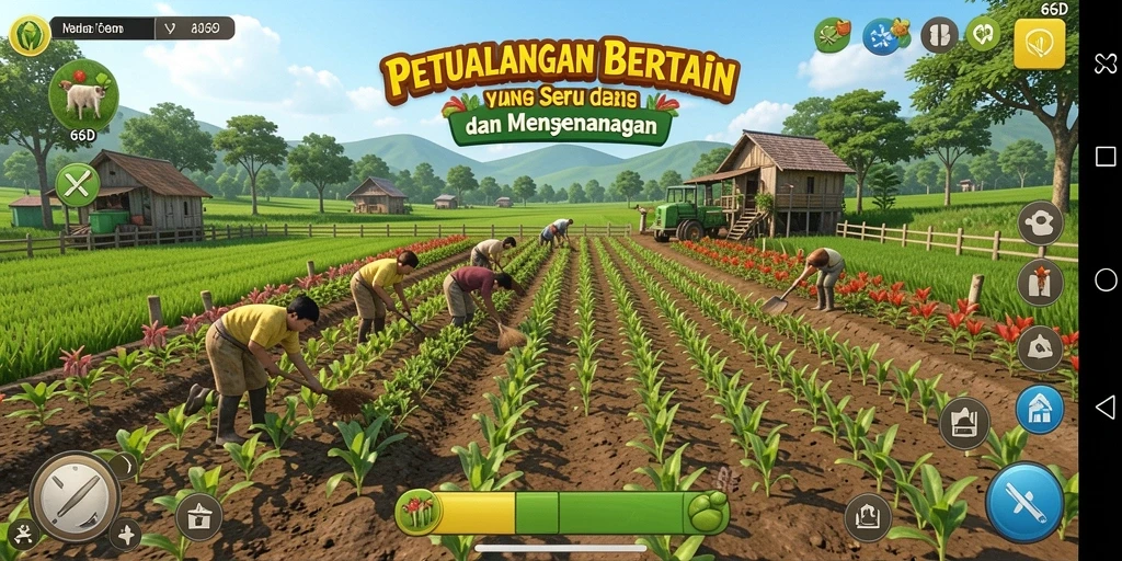 Gameplay seru bertani di 66D dengan berbagai tanaman.