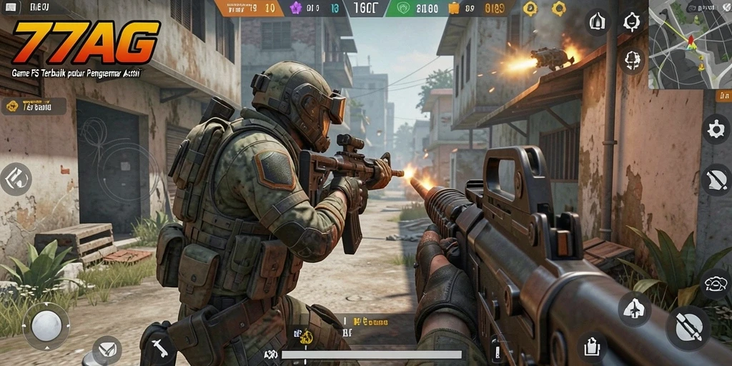 Screenshot gameplay 77AG menampilkan aksi tembak-menembak yang intens dan mendebarkan.