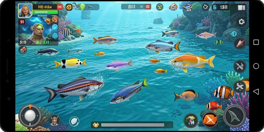 Tampilan gameplay seru dari 8II saat menembak ikan di lautan.