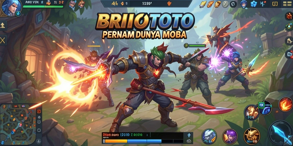 Tangkapan layar utama BRIOTOTO menampilkan pertempuran seru di arena MOBA.