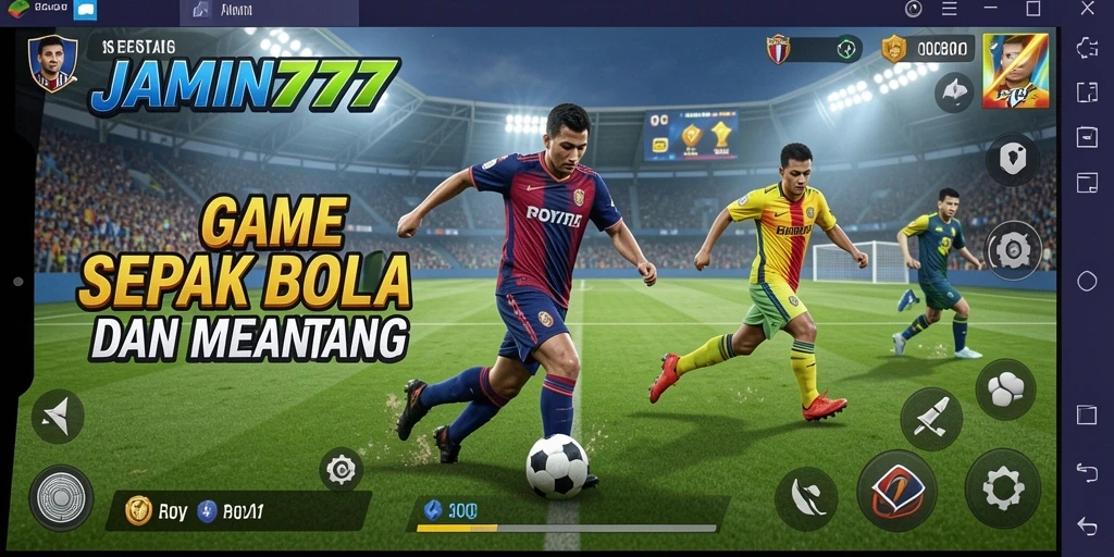 Screenshot utama dari gameplay JAMIN777 dengan aksi bermain sepak bola.