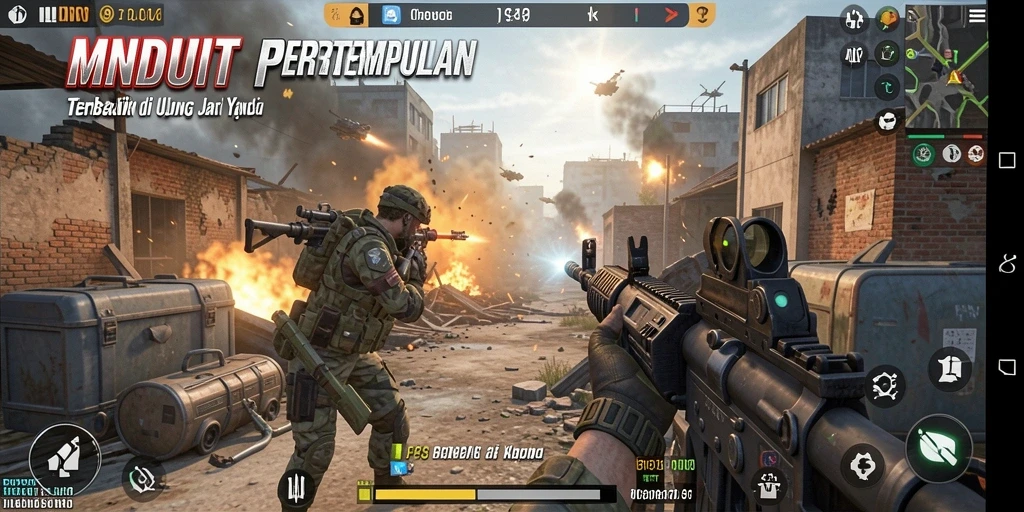 Screenshot gameplay MNDUIT menampilkan pertempuran FPS yang intens.