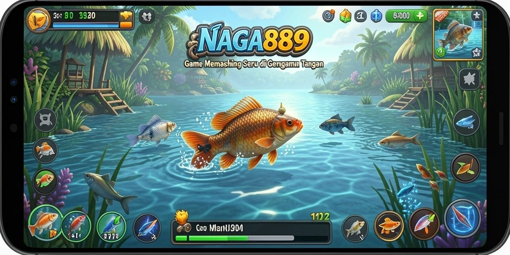 Gameplay menarik NAGA889 saat pengguna memancing ikan dengan latar belakang yang indah.