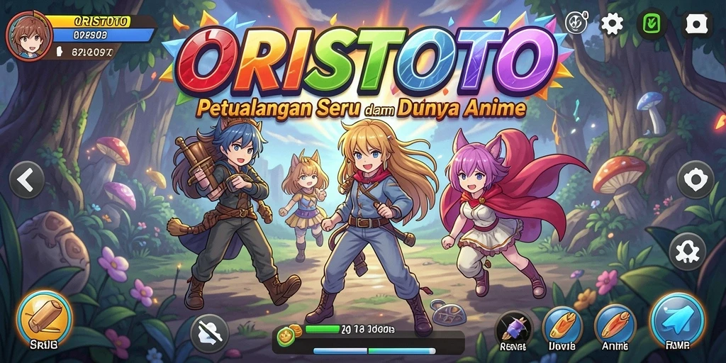 Tampilan gameplay ORISTOTO yang penuh warna dan karakter anime yang menawan.