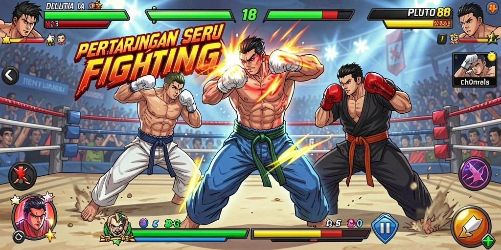 Screenshot gameplay PLUTO88 menampilkan pertarungan seru antara dua karakter bertarung.