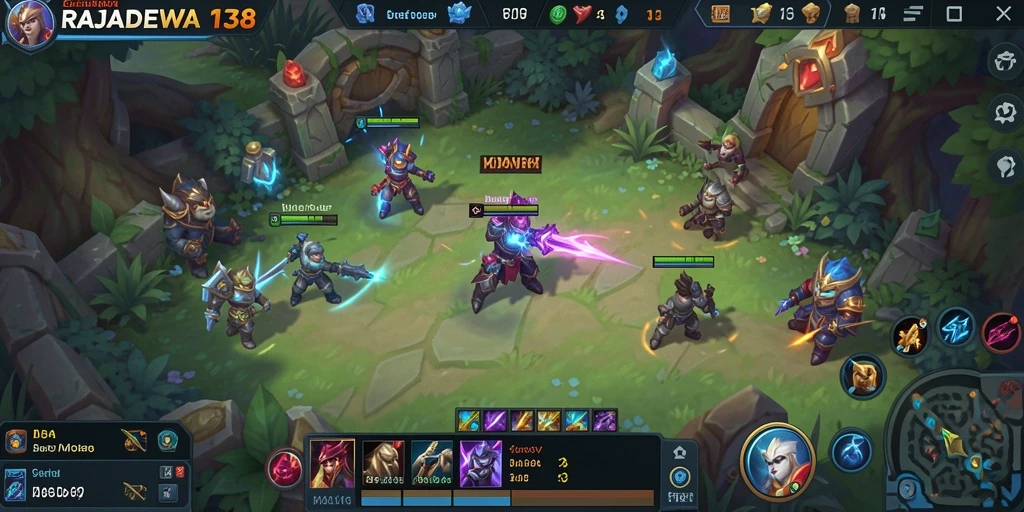 Screenshot utama dari gameplay RAJADEWA138 yang menampilkan pertarungan tim.