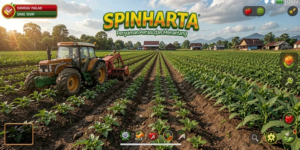 Tampilan gameplay <strong>SPINHARTA</strong> dengan berbagai aktivitas pertanian.