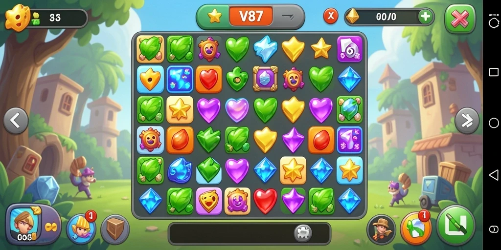 Tangkapan layar V87 menampilkan serunya gameplay Match-3 yang penuh warna.